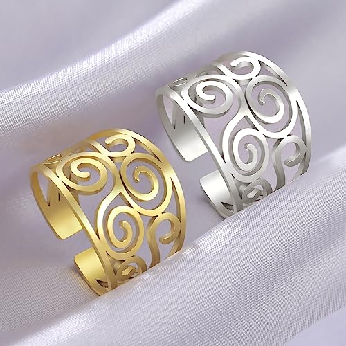 TEAMER Hollow Flower Ring Stainless Steel Triskele Triskelion Boho Adjustable Open Finger Ring Fashion Jewelry Wedding Ring for Women4