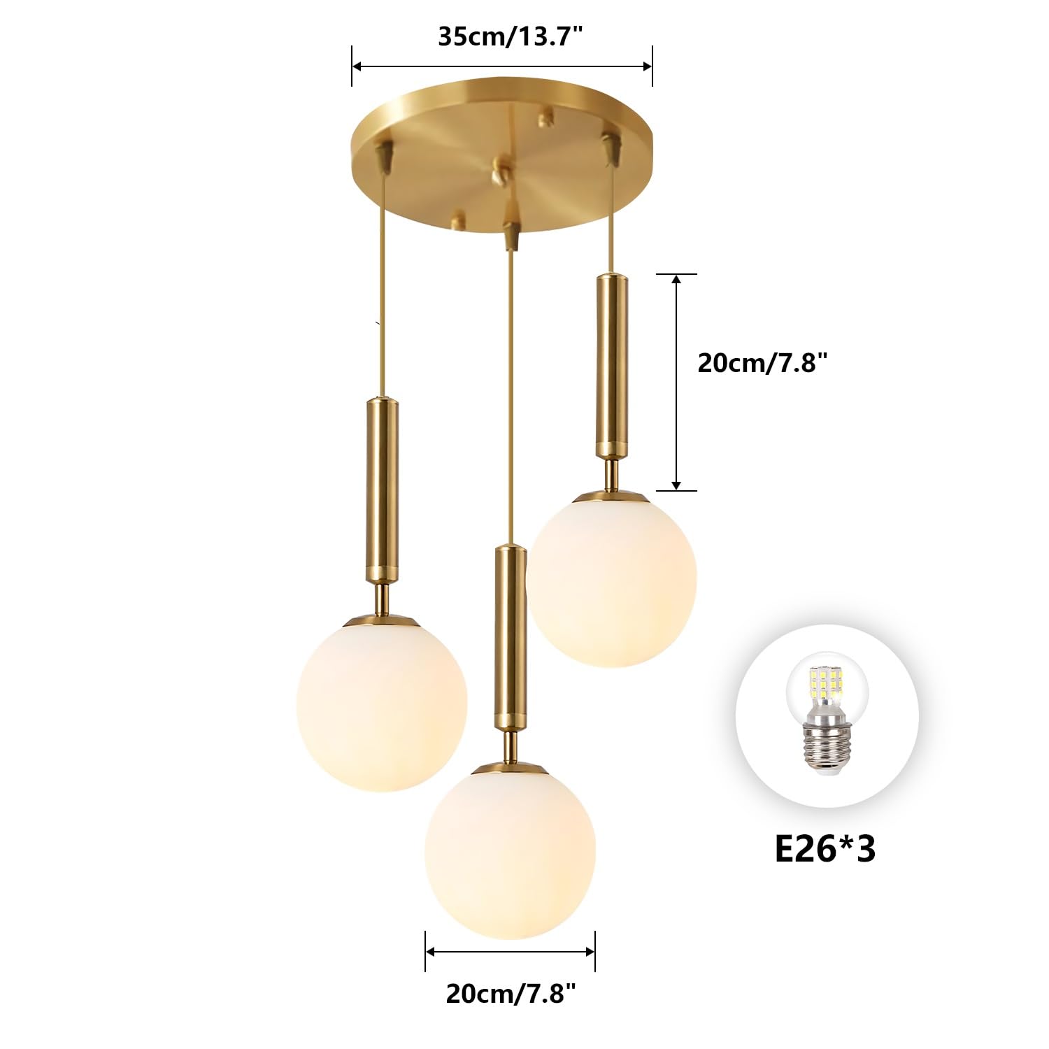 KCO Iluminación colgante de 3 luces, lámpara colgante de globo dorado de mediados de siglo, lámpara de araña grande de cristal blanco leche, moderna iluminación colgante de cocina para sala de estar y
