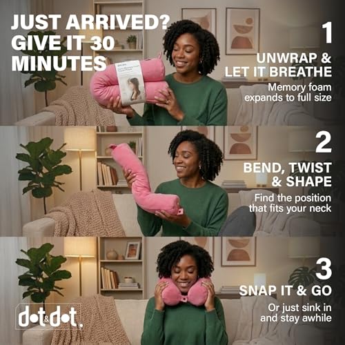 Image of Dot&Dot Twist Memory Foam Travel Pillow, Bendable Neck Pillow for Airplane, Car and Home, 26-Inch Adjustable Roll with Washable Cotton Cover, Pink