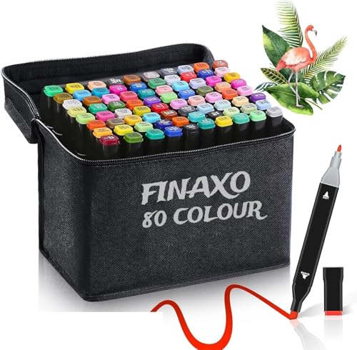 Image of Finaxo Dual Tip Art Multicolor Markers Set of 80 with Carry Case for Artists & Students | Vibrant Permanent Sketch Pens for Coloring, Drawing, Sketching & Painting | Twin Head Markers (80)
