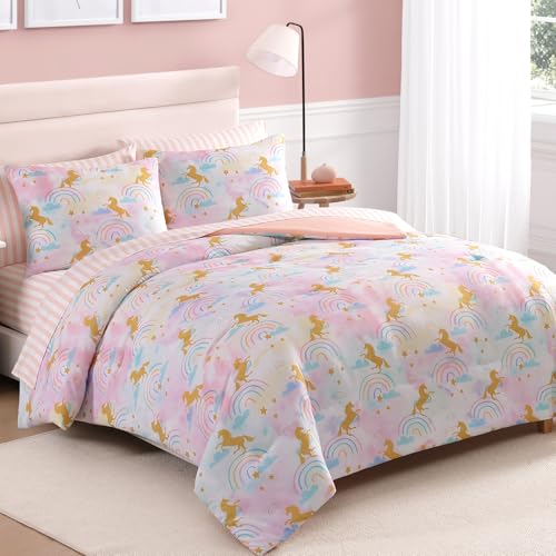 Twin Comforter Set with Sheets for Girls-5 Pieces Twin Bedding Sets with Pink Comforter, Sheets, Pillowcase & Sham for Kids (Gold Unicorn, 66" X 86")