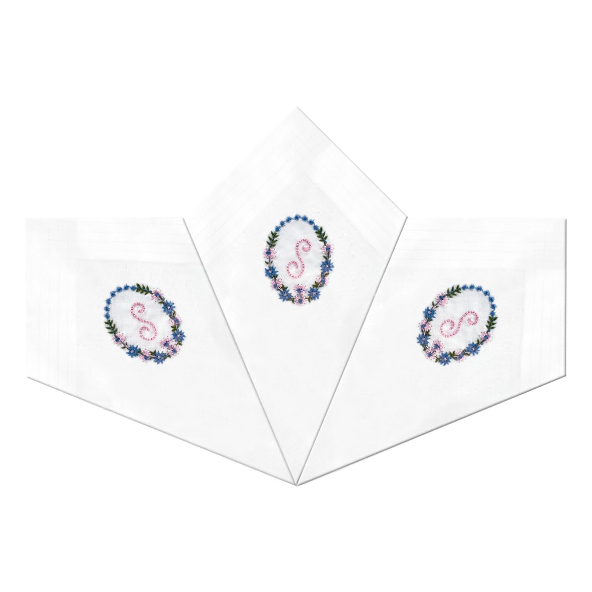 Warwick & Vance 3 Pack Of Womens/Ladies White Satin Bordered Handkerchiefs With Floral Embroidered Initials, Letter S