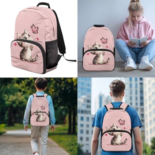 Cute Cartoon Cat Backpack School Bag for Girls Kids Teen Schoolbag Bookbag with Insulated Lunch Bag Pencil Case Set Elementary School Daypack Pink3