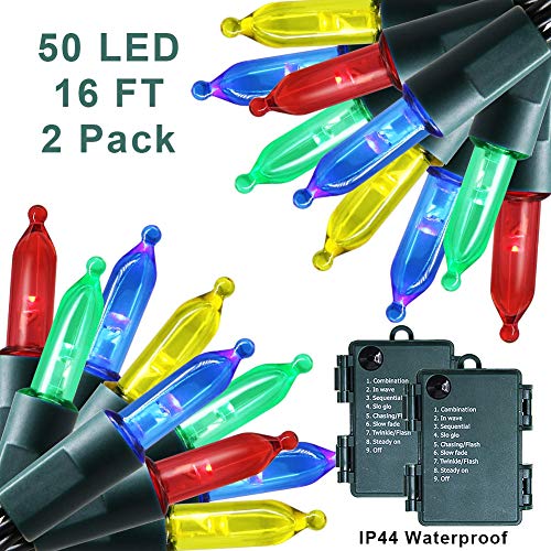 Twinkle Star Outdoor Christmas Lights Battery Operated 50 LED Mini String Light with 8 Modes, 16ft Waterproof Fairy Lights for Garden Xmas Tree Wedding Wreath Party Decoration (Multicolor, 2 Pack)
