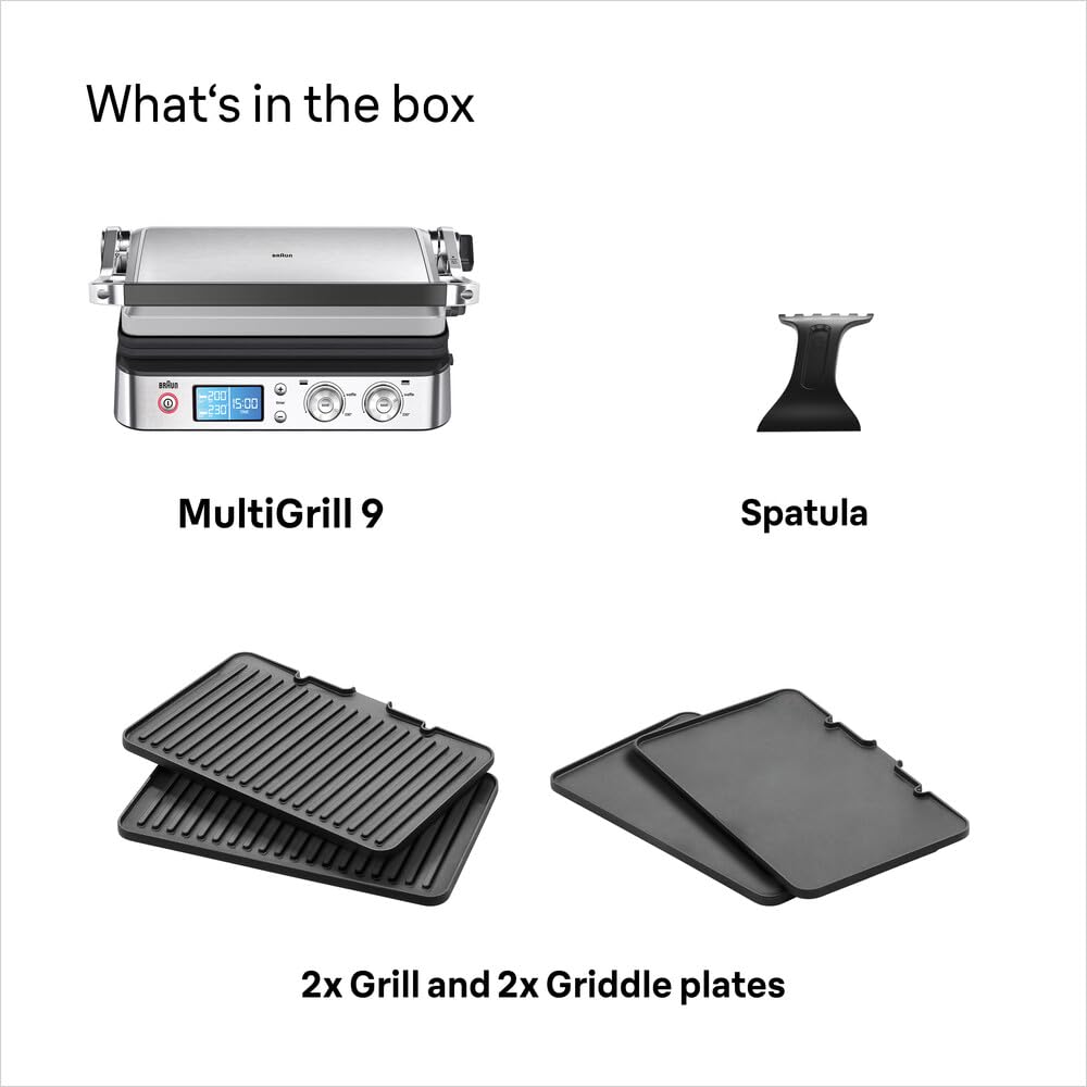 Braun MultiGrill 9 CG 9043 Grill kontaktowy, w zestawie Płyty do grillowania i płaskiego, pozycje grilla: kontakt, grill, piekarnik, płyty odporne na zmywarkę, pojemnik na tłuszcz, maksymalna