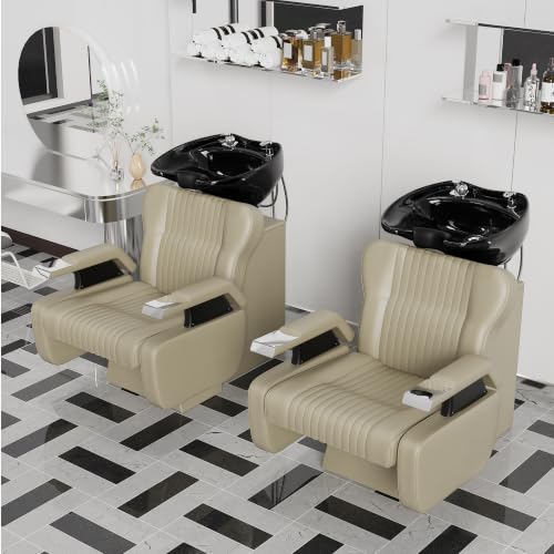 Image of Shampoo Bowl and Chair Set for Salon,Backwash Chair with Adjustable Tilting Porcelain Sink, Salon Hair Washing Station with Ceramic Shampoo Bowl Neck Rest