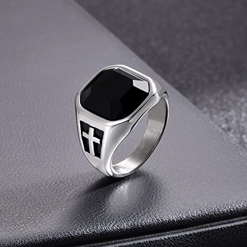 Stainless Steel Cross Rings for Men : Men Square Black Stone Agate Onlyx Ring Band with Cross, Gemstone Thumb Ring Handsome Signet Ring Jewelry for him, Gift for Dad Husband,Size 12