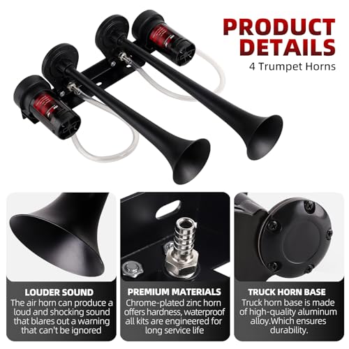 Image of Upgrade Dual 2-Trumpet Metal Air Horn for truck Kit with 2 air Compressors,12V 150dB Ultra Loud impact train car horn is suitable for pickup /SUV /Boat and other vehicles(Two-tube integrated)