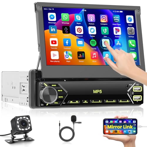 Inefala Single Din Touchscreen Radio 7'' Flip Out Screen Car Stereo with Bluetooth USB Type C Fast Charge Car Audio Receiver Backup Camera SWC FM MIC TF AUX in EQ