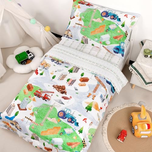 Image of 4 Piece Toddler Bedding Set, Ultra Soft and Breathable Toddler Comforter Sets for Boys Includes Quilted Comforter, Fitted Sheet, Flat Sheet and Pillowcase, Vehicles