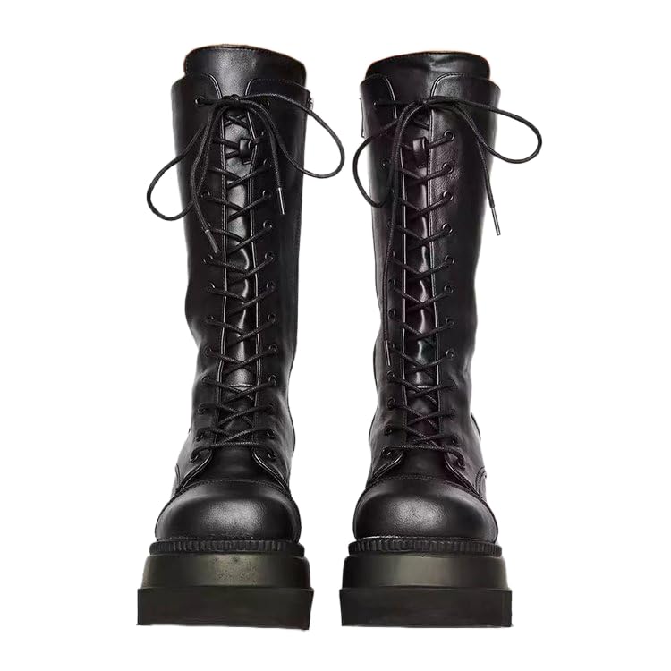 Womens Wedge Platform Knee High Boots Chunky High Heel Lace Up Punk Combat Boots with Chain Cute Platform
