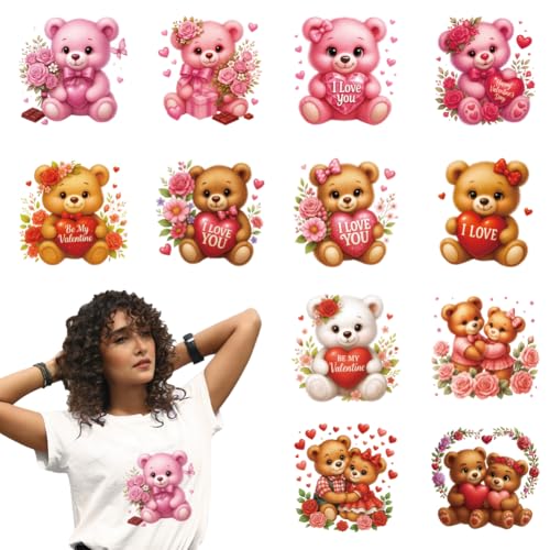arricraft 12 hojas de pegatinas de tela para el día de San Valentín, rosas de ositos de peluche rosas, calcomanías de transferencia de calor para decoración de ropa DIY