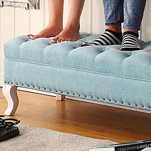 Banc capitonné en lin bleu | Repose-pieds rectangulaire assise confort - 8