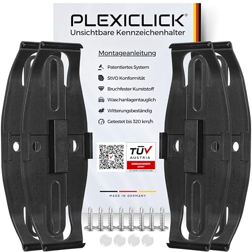 PLEXICLICK Kennzeichenhalter 4X - TÜV Zertifiziert - Kennzeichenhalter Rahmenlos Schwarz - Nummernschildhalterung Auto - Kennzeichenhalterung - Nummernschildhalter - Kfz Kennzeichen Halterung