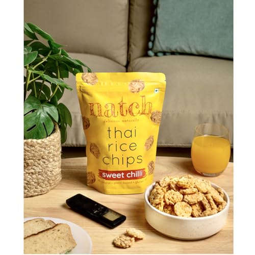Image of Natch Thai Sticky Rice Chips, Healthy Snacks 100% All Natural, Vegan, Gluten Free, No Artificial Preservatives, Trans Fat Free, Low Calorie, Sweet Chilli Flavour, 100g each (Pack of 2)