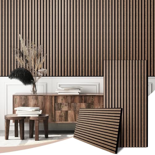 吸音パネル 吸音ボード ウッドパネル 【120×60cm/2枚/施工面積1.44㎡】 ウォールパネル 吸音シート 防音パネル 防音ボード 防音シート 楽器演奏 騒音対策 木製 木目 MDFウッド インテリア 音楽騒音 消音 塗装済み 室内内装 オフィス 賃貸 アパート マンション 一戸建て 耐久性 (4# クルミ)の商品画像（Amazon）