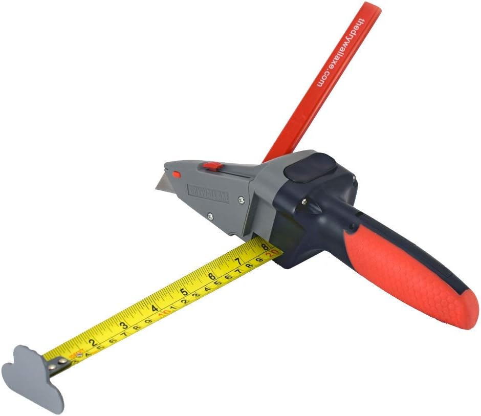 All-in-one Hand Tool with Measuring Tape and Utility Knife – Measure, Mark and Cut Drywall, Shingles, Insulation, Tile, Carpet, Foam – Measure and Mark Wood for Rip Cuts