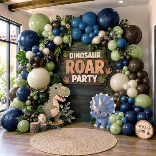 Image of Green Blue Balloon Garland Double Stuffed Sage Brown White Sand Balloons | Dusty Green Denim Blue Ivory Balloon Arch for Dinosaur Baby Shower Wild One Birthday Woodland Bear Party Decorations