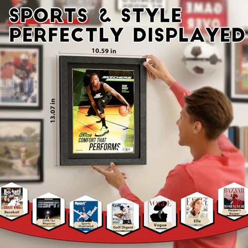 Image of JupDec Sports Magazine Frame 2 Pack, Premium Wood Display Case for 8 inch x 10.5 inch Magazines, Wall Mount or Tabletop Stand, Layered Design with Positioning Mat, Perfect for Sports, Fashion & Home Decor