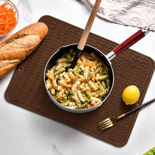 Image of HOMETHREADS Silicone Dish Drying Mat, Silicone Draining Board Mat, Silicone Dish Draining Mats, Kitchen Sink Dish Drainer Mat Racks for Kitchen Counter Protector, (40x30cm Brown)