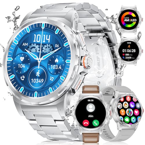 LIGE Military Smart Watch for Men(3 Straps),1.43HD AMOLED Rugged Smartwatch(Answer/Make Call) for Android iOS,Fitness Watch,Silver Sport Watch with 120+ Sport Modes/IP68 Waterproof/Running/Heart Rate