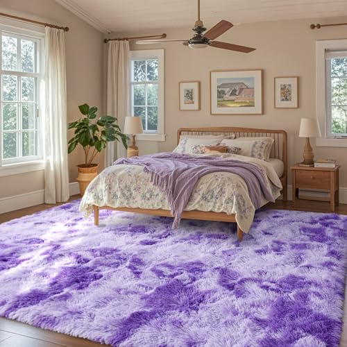 8x10 Purple White Rug Fluffy Living Room Rugs Girls,Plush Soft Fuzzy Area Carpet Non Slip for Bedroom Nursery Kids Girlie Elegant Home Decor Aesthetic