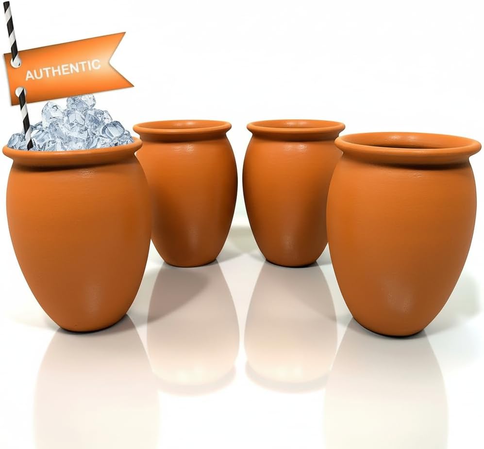 Alondra's Imports (TM Handcrafted, Natural Clay Cups From Mexico (Cantaritos Mexicanos, Fiesta Mexicana) for Hot & Cold Beverages (Cocktail Glasses for Tequila, Margaritas, Mojitos & More), Set of 4