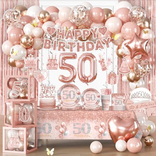 cocomigo 241pcs Rose Gold Happy 50th Birthday Decorations With Crown and Sash Balloon Rain Curtains Plates and Napkins Service 25 Guests For Womens 50th Birthday Party