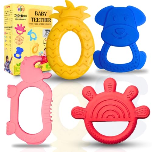 Image of Cute Shape Soft Silicone Teether for Baby Gums Teething Toys for Babies BPA Free, Pain-Relief Non-Toxic, 100% Food Grade Soothing Easy to Grasp Chewable - Rhino+Hand+Pineapple+Dog (Pack of 4)