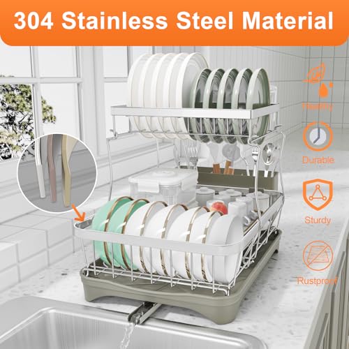 HOMEBOSILY Dish Drying Rack, 2 -Tier 304 Stainless Steel Adjustable Spout Auto-Draining Dish Rack, Space Saving Dish Drainer with Drainboard and Utensil Holder for Kitchen Counter Grey by HOMEBOSILY - Image 2