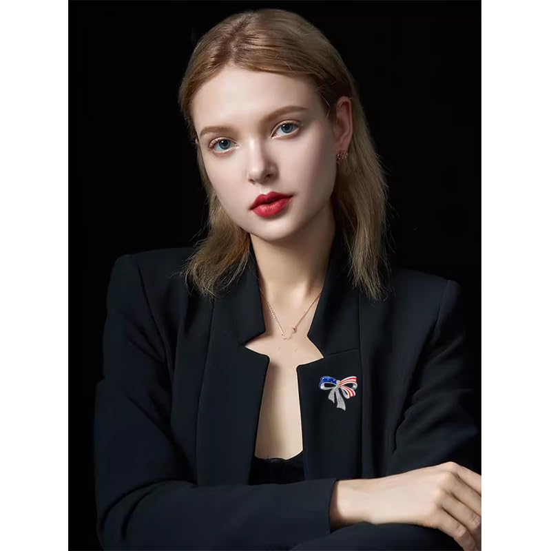 Image of Patriotic USA Flag Brooch Pin for Women Fashion Crystal Blue Red Independence Memorial Day Lapel Pin 4th of July Dress Accessories