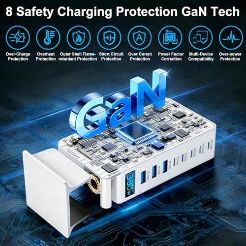 380W GaN III 8-Port Multi-Device USB-C Charger, PD 30W+100W PC Laptop Fast Charging Hub for MacBook/iPhone/iPad/Dell/Steam Deck, w/ 100W Cable, White — view 5