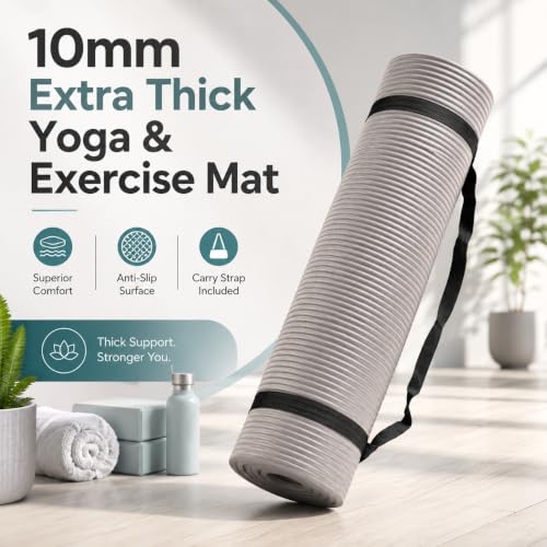 Image of Yoga & Exercise Mat with Carry Strap | Nitrile Butadiene Rubber (NBR) Anti-Slip Workout Mat for Yoga, Pilates, Meditation, Stretching & Home Gym Fitness | Men & Women (Grey-10mm)