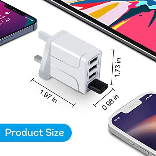 Multi USB fast charger plug,4 USB A Port Fast USB Charger plug UK,USB Charger for iPhone 13/13 Mini/13 Pro Max/12/12 Pro/11/XS Max/XR,iPad Pro,Galaxy S21 S20 S10Gift:USB C to USB Adapter)White)