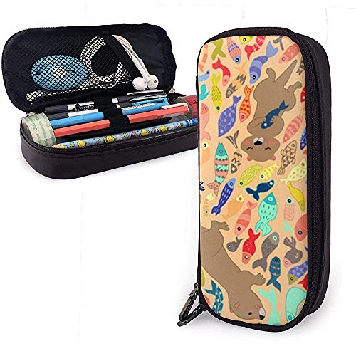 Preisvergleich Produktbild Otter mit Fisch Leder Federmäppchen, Bleistiftbeutel Stifthalter Stationäre Tasche