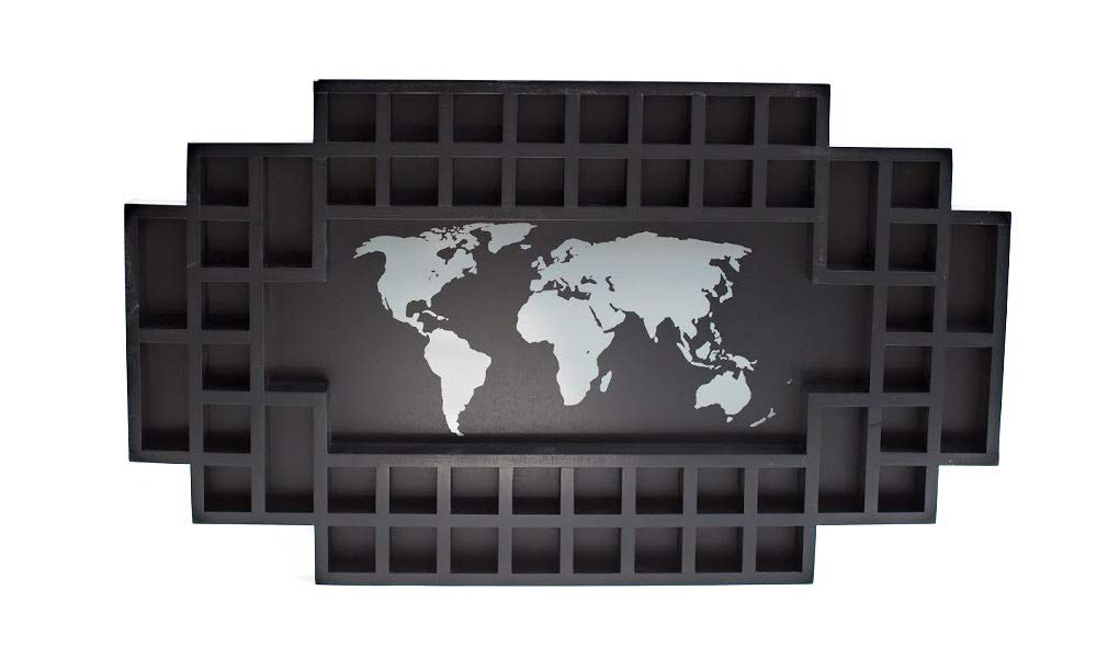 Reno Direct LLC Shot Glass Display Frame - Shot Glass Holder Display with 52 Slots - Solid & Lightweight Wooden Organizer, World Map, US Map - 46.5x28 - (Black, World Map)