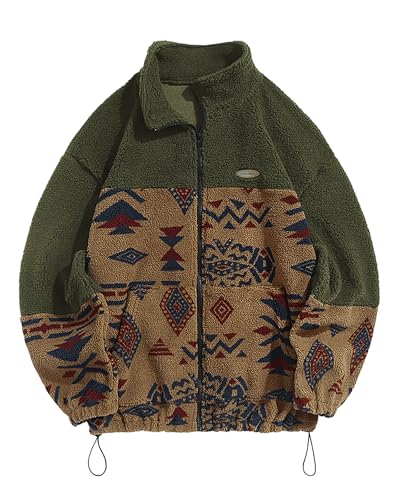 ZAFUL Men Ethnic Aztec Printed Fluffy Fuzzy Jacket Plush Fleece Casual Stand Collar Zip Outwear Cardigan Coat with Pockets
