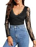 APRROOT Lace Bodysuit for Women Sexy Long Sleeve Black Going Out Tops Y2K Trendy Slim Fit Lace Body Suit Top Date Night Rompers with Snap Crotch Black S