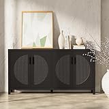 VZADGWA Buffet Sideboard Cabinets with Storage, Mid-Century Accent Storage Cabinet with Rattan Door, Metal Handles, Rattan Console Table for Kitchen Living Room, Entryway, Black