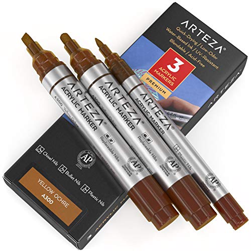 Arteza Acrylic Paint Markers, Pack of 3, A300 Yellow Ochre, 1 Thin and 2 Thick (Chisel + Bullet Nib) Acrylic Paint Pens, for Metal, Canvas, Rock, Ceramic Surfaces, Glass, Wood, and Fabric