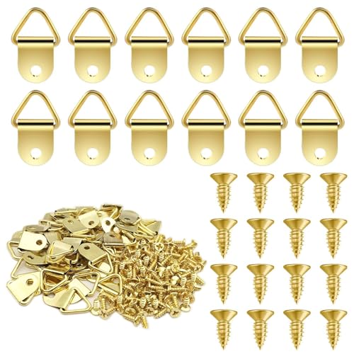 GmwyCzV 150 Pezzi Ganci per Quadri, Ganci Cornici Quadri con 150 Pezzi Viti, Triangolo Anello Gancio da Parete, per Cornici, Specchi, Opere D'Arte per Appendere Foto di Family Office (Dorato)