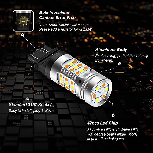 Opp Ulite 3157 Led Bulbs Error Free Canbus Built In Resistor Amber Turn Signal Light White Side Light 12V 360 Luminous 42-Led 2Pc Pack Led Bulb (White Amber 3157 42-Smd) #TOP2
