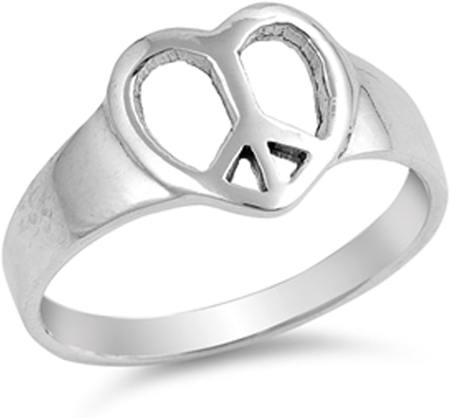 Heart Peace Symbol Hippie Love Retro Ring .925 Sterling Silver Band Sizes 4-10