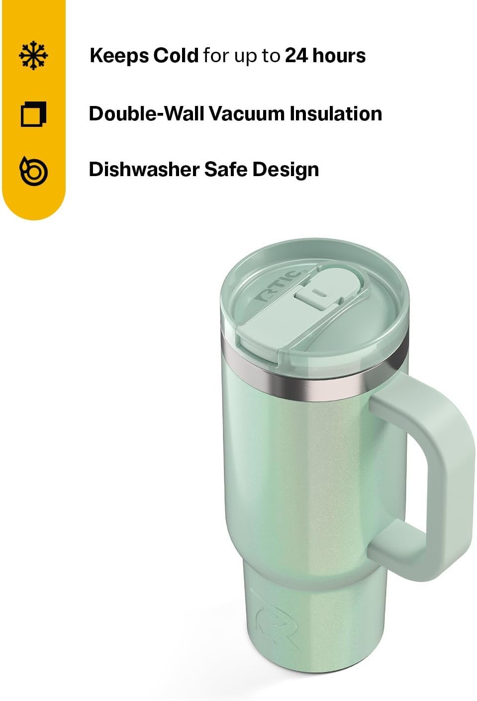 RTIC Little Road Trip Tumbler 16oz for Kids with Straw Lid and Handle, Ceramic Lined, Insulated Stainless Steel Travel Water Mug Cup, Leak-Proof, Fresh Mint Glitter