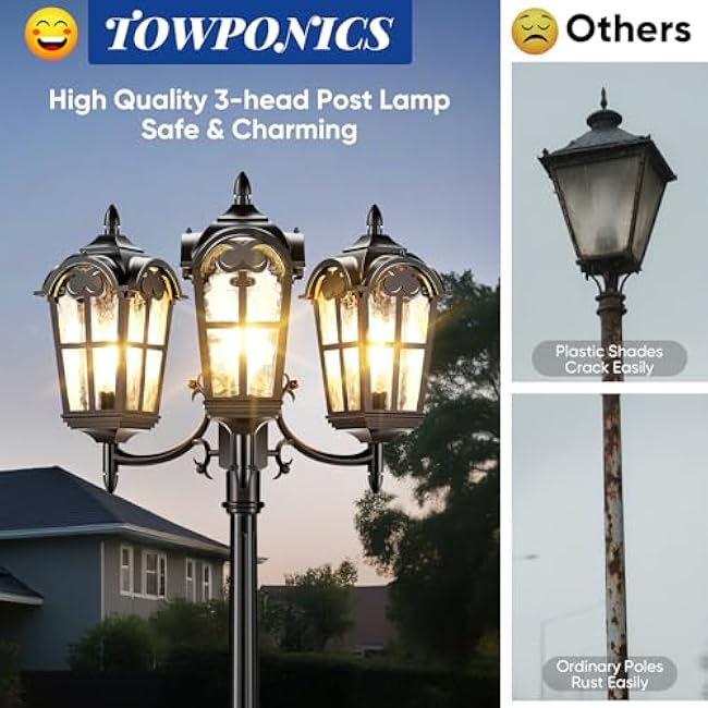 Dusk to Dawn Outdoor Post Lights, Black 3-Head Aluminum Street Lamp Posts Outdoor Lighting, Waterproof Hardwired Lamp Post Light Fixture with Water Glass Shades for Backyard (Bulb not Included)