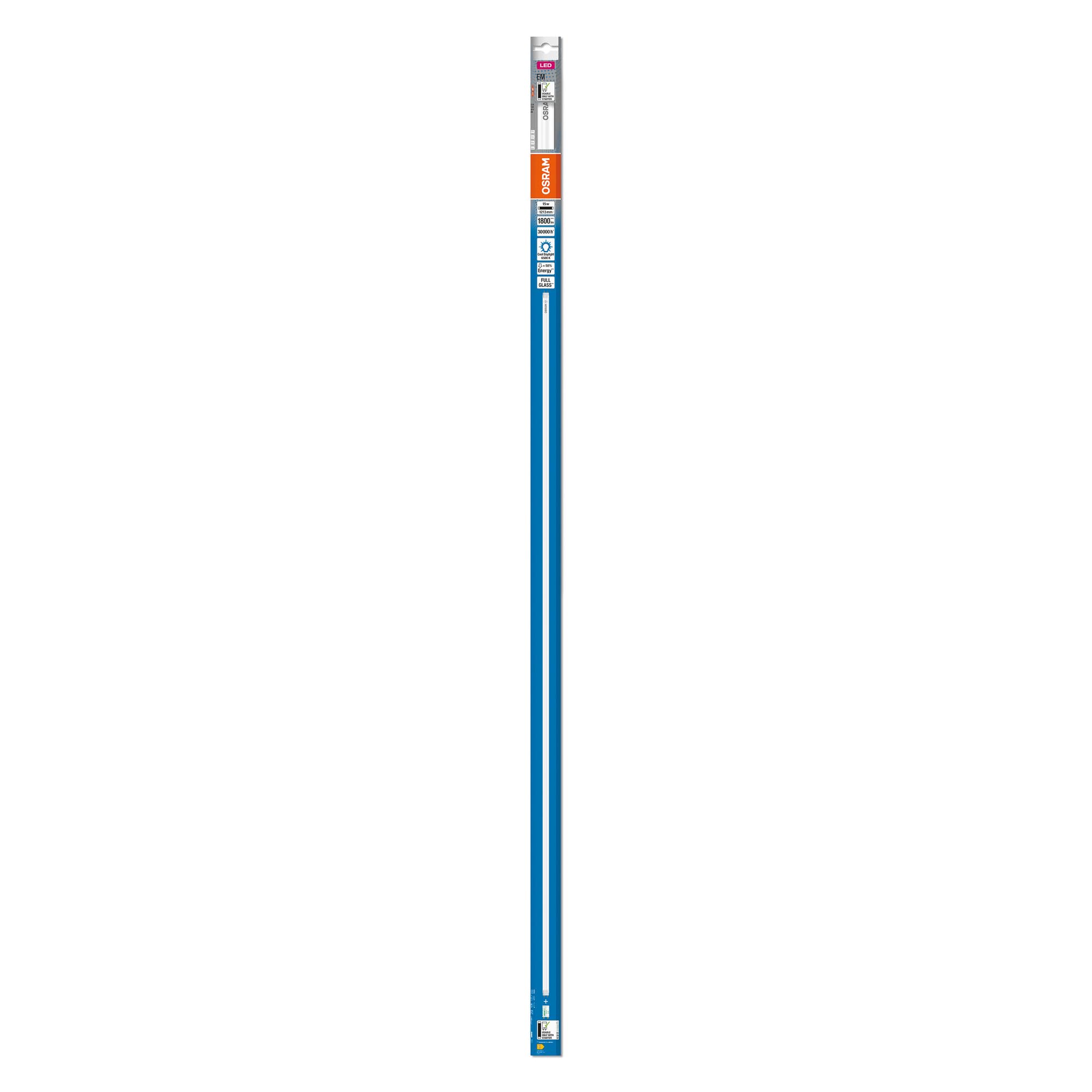 OSRAM LED TUBE T8 36 EM 1200 mm, tubo LED lineal, 15W, 1800lm, 6500K, luz blanca día, LED de repuesto para tubos fluorescentes T8 con casquillo G13, larga vida, optimo consumo de energía