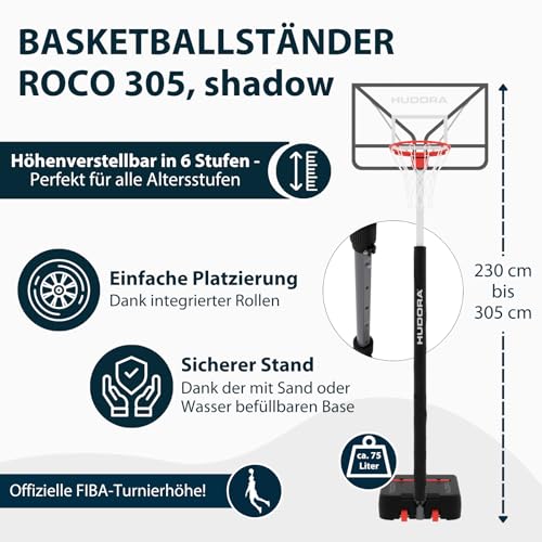HUDORA Basketballständer RoCo 305 - Höhenverstellbarer, Faltbarer Basketballkorb - geeignet für Indoor und Outdoor - für Kinder und Jugendliche - Basketball Korb mit Ständer - Shadow, grau