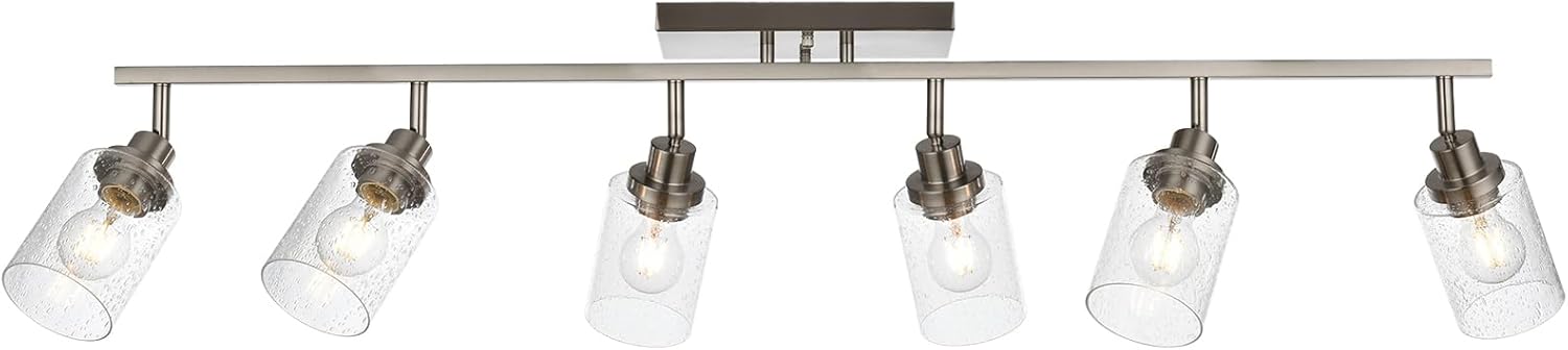 6-Light Brushed Nickel Kitchen Track Lighting Fixtures Ceiling Mount Track Lighting Kit with Bubble Seeded Glass Shade Modern Bathroom Tracking Vanity Lights Ceiling Tracking Accent Shop Light