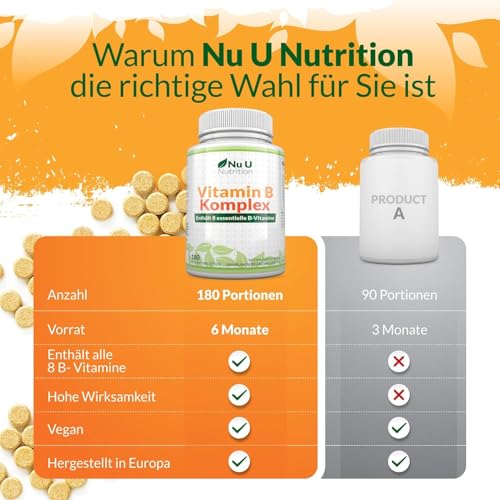 Vitamin B Komplex - 180 Vegan Tabletten - Alle 8 B Vitamine in einer Tablette - 6 Monate - Vitamine B1, B2, B3, B5, B6, B12, Biotin & Folsäure - Nahrungsergänzungsmittel von Nu U Nutrition