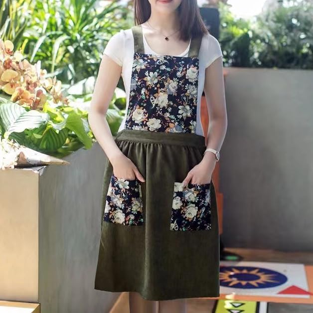Miniatura 3 de Delantales de algodón para mujer con bolsillos, delantal vintage, delantal floral, regalo para mujer (verde oliva)